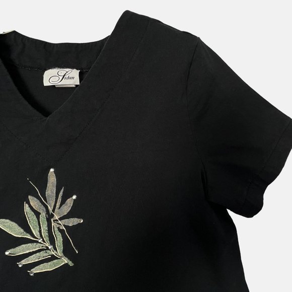 Vintage Hand Painted T Shirt Rhinestones Padded Sholuders Black Womens Large L - Picture 3 of 9